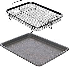 Home Icon Non Stick Oven Grill Tray - Elevated Grill Tray for Oven for Crunchy Crisps without Oil - Chip Tray with Ceramic Baking Tray for Easy Cleaning, Crisper Basket for Oven Crispers - 2pc Set