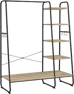 VASAGLE Clothes Rail, Clothes Rack with Shoe Shelf, 5-Tier Storage Rack, 6 Side Hooks, for Bedroom, Living Room, Turquoise Brown and Matte Black RGR116K01