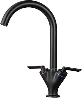Black Kitchen Taps Hapilife Twin Lever Kitchen Mixer Tap Swivel Spout Modern Swan Dual Lever Kitchen Sink Tap Mixer Matt Black, DT03E