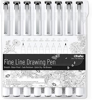 Ohuhu Fineliner Pens, 8 Pack Waterproof Quick Dry Fade Resistant 7 Assorted Tip Fine Liner Pens Black & A Brush Pen, for Drawing Details & Art Illustration, Sketching, Manga