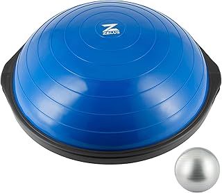 ZELUS 64cm Balance Ball | 680kg Inflatable Half Exercise Ball Wobble Board Balance Trainer w Nonslip Base | Half Yoga Ball Strength Training Equipment w 2 Bands, Pump, Extra Ball Included, Blue