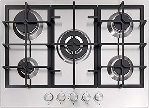 GH705SS 70cm Cooktop Burner Gas Hob in Stainless Steel - 5 Cooking Zones - Cast Iron Pan Supports - Wok Burner - Automatic Ignition Dials - Flame Failure safety