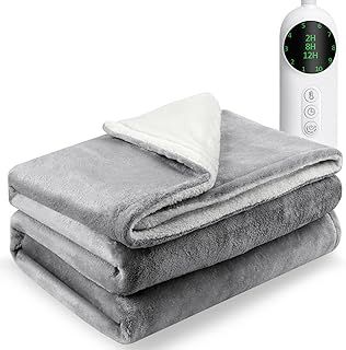Heated Throw Electric Blanket, 160 X 130cm Flannel+Arctic Fleece Heated Blanket, 10 Heat & 3 Timer Level,Electric Throw for Sofa & Bed, Fast Heating Electric Overblanket,Machine Washable(Grey)