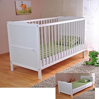 Marsell Baby Cot Bed with Aloe Vera Foam Mattress Tooth Rails and Height Adjustable White Convertible to Junior Bed