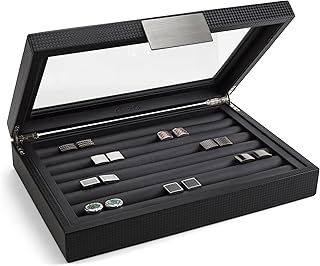 Cufflink Box for Men - Holds 70 Cufflinks - Luxury Display Jewelry Case Design - Metal Buckle Holder, Large Glass Top