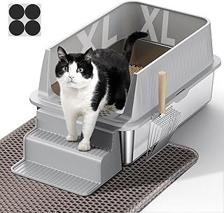 XL Stainless Steel Cat Litter Tray, Large Litter Tray with Detachable Enclosure, 32L Litter Box with XL Mat, Metal Cat Litter Scoop and Stairs for Senior Cats, Suitable for Most Cats