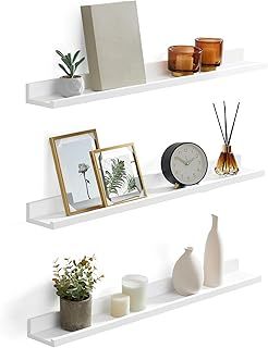SONGMICS Floating Shelves Set of 3, Wall Shelves Ledge, 10 x 80 cm, for Picture Frames and Books, Living Room, Hallway, Bedroom, Bathroom, Kitchen, Office, White LWS081W01
