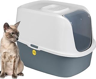 CAT CENTRE Litter Tray Hooded Dark Grey Toilet Charcoal Filter Extra Deep Anti-Spillage Kittens Cats Enclosed Box Pan Loo Filter Flap Door Detachable Rim Rounded Corners Safe Durable