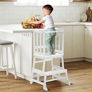 COSYLAND Toddler Kitchen Step Stool Tower - Nursery Step Stool for Kids Mothers' Helper - Solid Bamboo Learning Stool Standing Tower for Kitchen Counter (White)