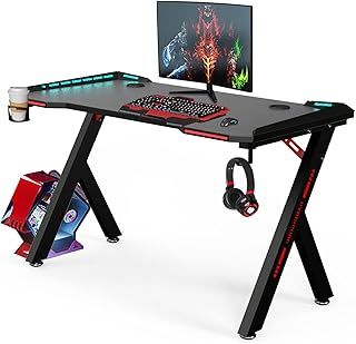 bigzzia Gaming Desk RGB Lighting Ergonomic Gamer Workstation, Carbon Fibre Surface, Cup Holder and Headphone Hook, 120 * 60 * 72cm