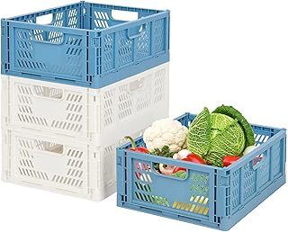 2 Blue 2 white Plastic Storage Basket Folding Storage Boxe Crate Drawer Organizer Stackable Shelf Basket Collapsible Closet Container Food Fruit Bottle Book Organiser for Home Office Bedroom Kitchen
