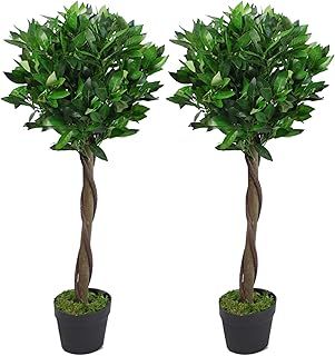 Design UK Pair of Artificial Bay Topiary Ball Trees, Green Twist, 90cm (3ft)