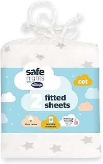 Silentnight Safe Nights Cot Size Fitted Sheets Set 100% Jersey Cotton Bedside Compatible Pack of Two Grey Star Easy Care Super Soft Cuddly for Baby with Storage Bag (120 x 60 x 12cm),Package may vary