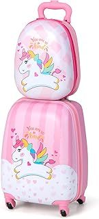 COSTWAY ABS Kids Luggage Set, 12'' Backpack 16'' Suitcase Children Boys Girls Travel School Trolley Case (Pink)