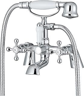 ENKI, Beaumont, BBT0257, Chrome, Bath Shower Mixer Taps & Shower Attachment, Solid Brass, Cross Handle, Traditional Design, Compression Valves, Easy to Install