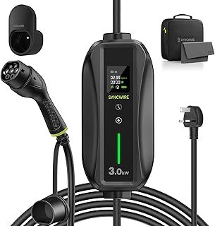 SYNCWIRE EV Charger Type 2 to UK 3 Pin 5.5m [6/8/10/13A] Portable Electric Car Type 2 EV Charging Cable with Adjustable Current, Timing Delay, LED Screen, IP66 Waterproof, with Storage Bag & Bracket