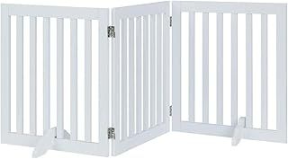 Freestanding Dog Gate, Foldable Pet Fence, Indoor Wood Barrier, Assembly Free Stair Gate with 2PCS Support Feet (61cm H, 3 Panels, White)