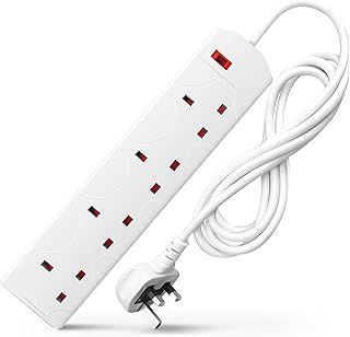 DESIRETECH White Electric Extension Lead - 4 Gang, 2 Metre Cable with UK Plug & 3 Pin Socket - Wall Mountable & Multi Socket Mains Strip for Home, Bedroom, Kitchen, & Office (1 Pack)