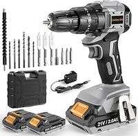 Brushless Cordless Hammer Drill Driver 21V, 2 Batteries 2000mAh, 20+3 Torque, 45N.m Max, 14PCS Drill Bits, 2 Speed, LED Light for Home, Garden DIY