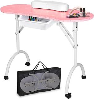 LEIBOU Professional 36''L Portable & Foldable Manicure Table Nail Technician Desk Workstation Manicure Table with Rolling Wheels,Drawer,Sponge,Free Carrying bag (Pink Pattern)