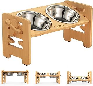 Vantic Raised Dog Bowls with Stand, 6 Heights Adjustable Bamboo Dog Feeding Station with 2 Stainless Steel Bowls, 17cm High