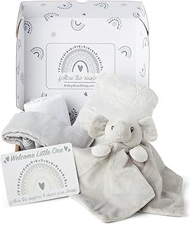 5 Newborn Essentials Ideal as Baby Shower Gifts and Christening Baby Gifts Unisex, Includes a Grey Elephant Baby Comforter, Fleece Blanket, 2X Muslin Cloths & Gift Message Card