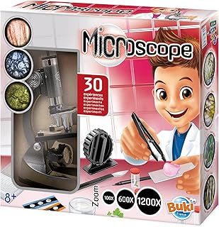 Buki France Microscope with 30 Experiments & LED Light. Beginner Metal Microscope STEM Kit. 200-1200 Magnification. Includes Slides, Vials, Illustrated Booklet & Accessories. For Boys & Girls 8 +