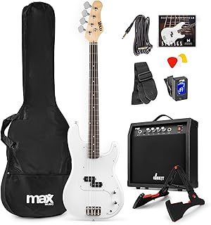 Max GigKit Electric Bass Guitar Starter Kit with 40W Amplifier, Stand, Strap, Tuner, Bag and Strings Set - Full Size, White