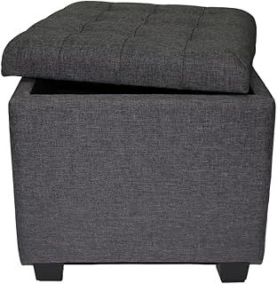 Requena Footstool Ottoman Storage Box, Wooden Frame Cube Pouffe for Living Room, Toy Chest & Dressing Stool with Lids for Bedroom, JD01-27 (Linen Dune-Grey)