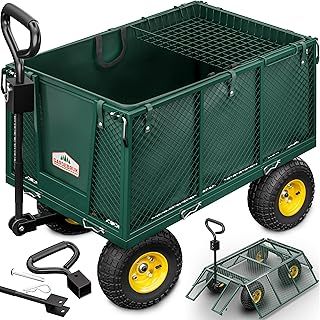 Heavy Duty Metal 4 Wheel Garden Trolley with Pull Handle | 550kg Load Foldable Wagon With Removable Tarpaulin | Gardening Equipment Transport Handcart Beach Shopping | Green