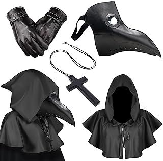 Plague Doctor Mask Halloween Black Long Nose Bird Beak Steampunk Leather Bird Mask Gothic Plague Doctor Costume Hooded Cloak Cross Necklace Gloves Halloween Props Costumes for Carnival Party Cosplay