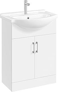 Yaheetech Bathroom Vanity Unit with Ceramic Sink, Floor Standing Bathroom Vanity with 2 Doors, Wooden Storage Cabinet, White