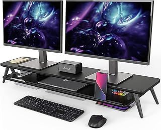 Fenge Dual Monitor Stand, Monitor Stands Riser for 2 Monitors, 108cm Wood Desk Shelf with Storage Organizer and Cable Management for Office Desk Accessories,Black