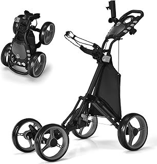 COSTWAY 4 Wheel Golf Trolley, Lightweight Folding Golfs Push Pull Cart with Adjustable Height Handle, Umbrella Stand, Cup Holder and Foot Brake