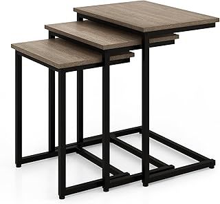 COSTWAY Set of 3 Nesting Tables, Industrial Stackable Coffee Snack Table Laptop Desk, Home Office C-Shaped Side End Table for Living Room Bedroom Balcony (Grey Oak)