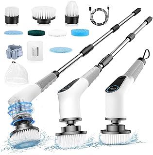 Electric Spin Scrubber, Cordless Electric Cleaning Brush with Adjustable Extension Arm, 8 Cleaning Brush Heads, Power Scrubber for Bathroom, Kitchen,Tiles, Floors, and Bathtubs, White