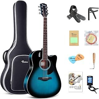 Rosen Acoustic Guitar 41 Inches 4/4 Solid Top Dreadnought Spruce Guitar Beginner Bundle with Book, Padded Bag, Strings, Picks, Tuner, Hexwrench, Strap, Polishing Cloth,blue