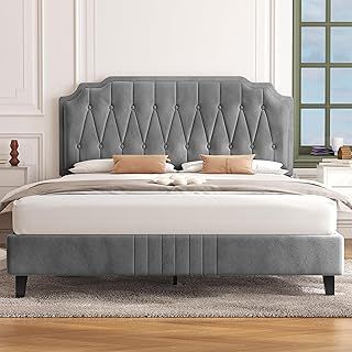 Yaheetech 4ft6 Double Upholstered Bed Frame with Adjustable Button Tufted Headboard/Velvet Fabric/Sturdy Wooden Slat Support/No Box Spring Needed, Light Grey
