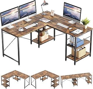 Bestier 150CM Reversible L Shaped Desk with Shelves Industrial Corner Desk 240CM Long Table Computer Workstation with 3 Cable Holes