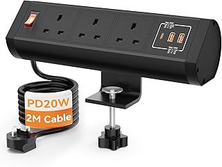 Desk Power Socket with USB C PD20W, Desk Clamp Power Strip 3 Way Plug with Switch, Desktop Power Outlet with 2M Extension Cords, 13A, Black