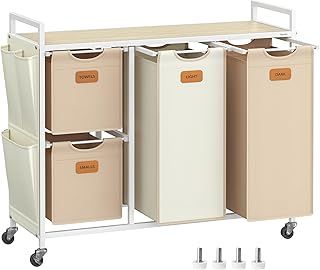 VASAGLE Laundry Hamper with 4 Compartments, 150 L Laundry Sorter, Rolling Laundry Cart with Shelves, Removable Liners, 6 Labels, Natural Beige, Camel Brown and Cream White BLH203N01