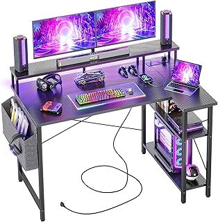 L Shaped Desk with Power Outlets & LED Lights 120CM Computer Corner Desk with Shelves Computer Workstation Desk with Storage Bag for Home Office Small Space, Carbon Black