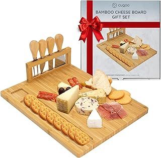 Bamboo Cheese Board Gift Set – Charcuterie Board with 3 Stainless Steel Knives & Fork, Serving Platter with Compartment - Perfect for Home & Any Occasions