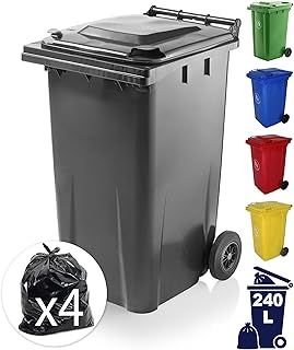 Outdoor Wheelie Bin for Household Waste Recycle Trash and Rubbish 240L Litre Small Council Size Black/Grey with Rubber Wheels