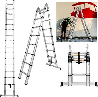 EN131 Telescopic Ladder 5M(2.5M+2.5M) A-Type Extension Ladder with Stabilizer Bar, Multi Purpose Extendable Loft Ladder Folding Ladder, 16 Adjustable Steps with Locking Button, Max Load 150kg