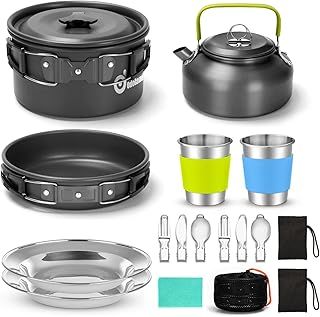 Odoland Camping Cookware Set Non-Stick Pot and Pan Set with Kettle, Stainless Steel Utensils Mess Kit, Cups Plates Knives Spoons Forks for Outdoor Cooking