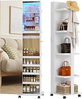 Gurexl 360° Rotating LED Jewelry Armoire, Full Length Mirror with Jewelry Storage Rear Storage Shelves, Floor Standing 3 Color Dimmable Mirror Jewelry Organizer with 4 Lockable Wheels (White)