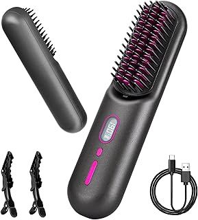 Cordless Hair Straighteners and Curler, Portable Wireless Negative Ion Straightening Comb for Travel with Storage Bag, 12 Temperature Levels, 7.4V/9600mAh Battery USB Rechargeable (Grey)