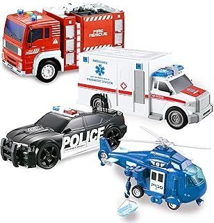 JOYIN City Hero Friction Powered Playsets 4 Pack Includes Fire Truck, Ambulance, Police Car and Rescue Helicopter