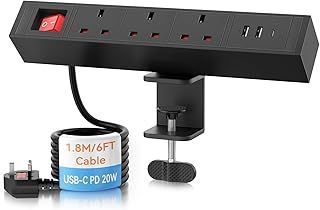 Desktop Power Strip USB C PD 20W, Ohuo Desk Extension Leads 3 Way with 3 USB Slots Table Power Sockets with Switch Black